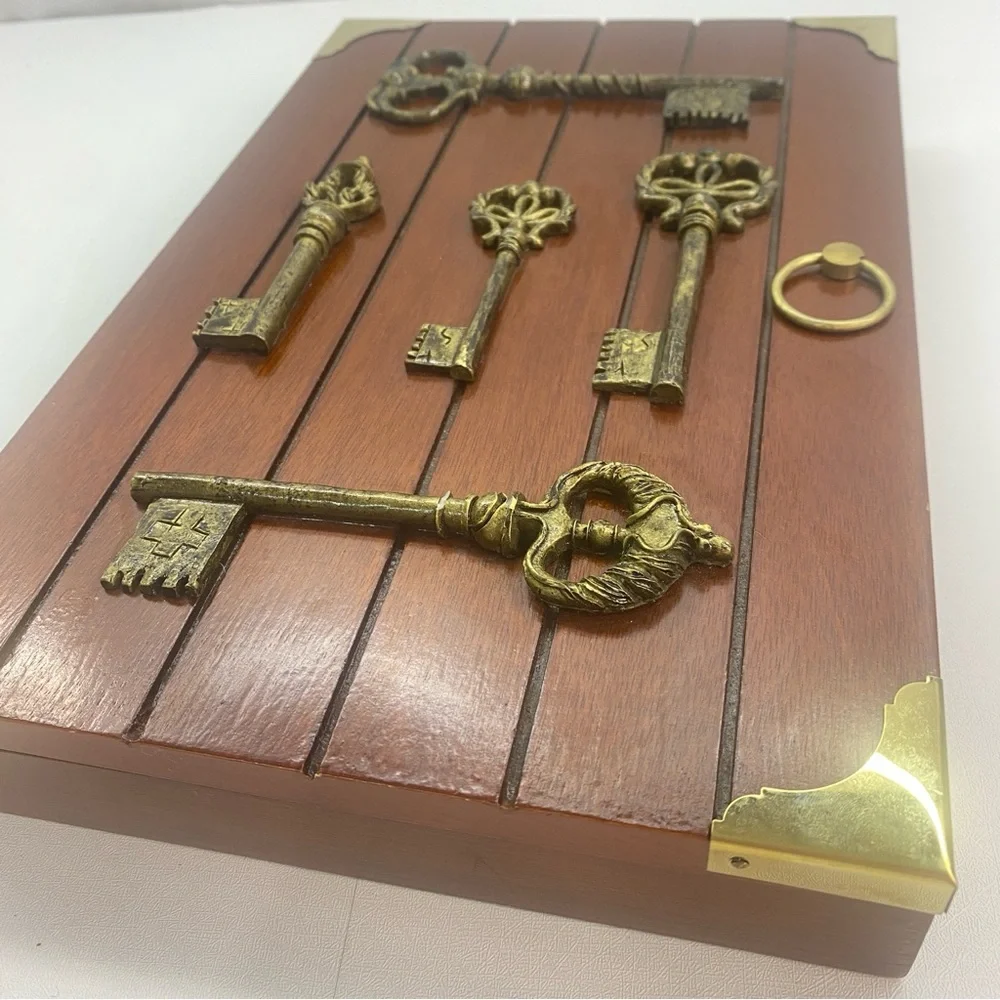Wooden wall-mounted key holder box decorative brass-finish skeleton keys Vintage